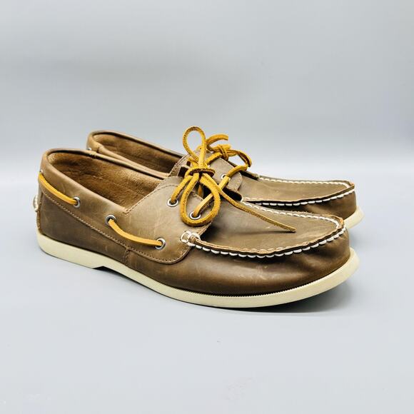J Crew Shoes Mens 12 Brown Leather Boat Moc Toe Lace Up Slip On Casual Classic - Picture 2 of 10